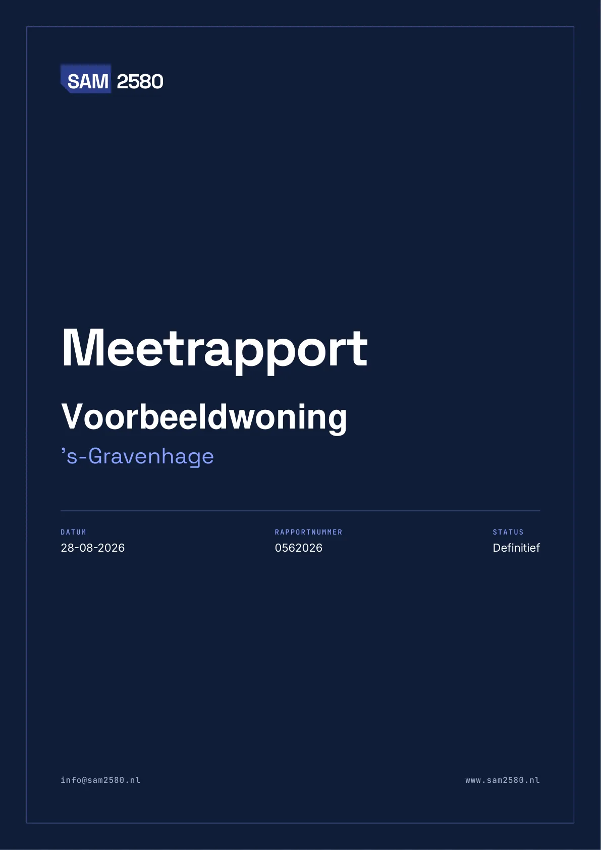 Voorblad van een NEN 2580 meetrapport van SAM2580 met de plaats, de datum, het rapportnummer en de status Definitief