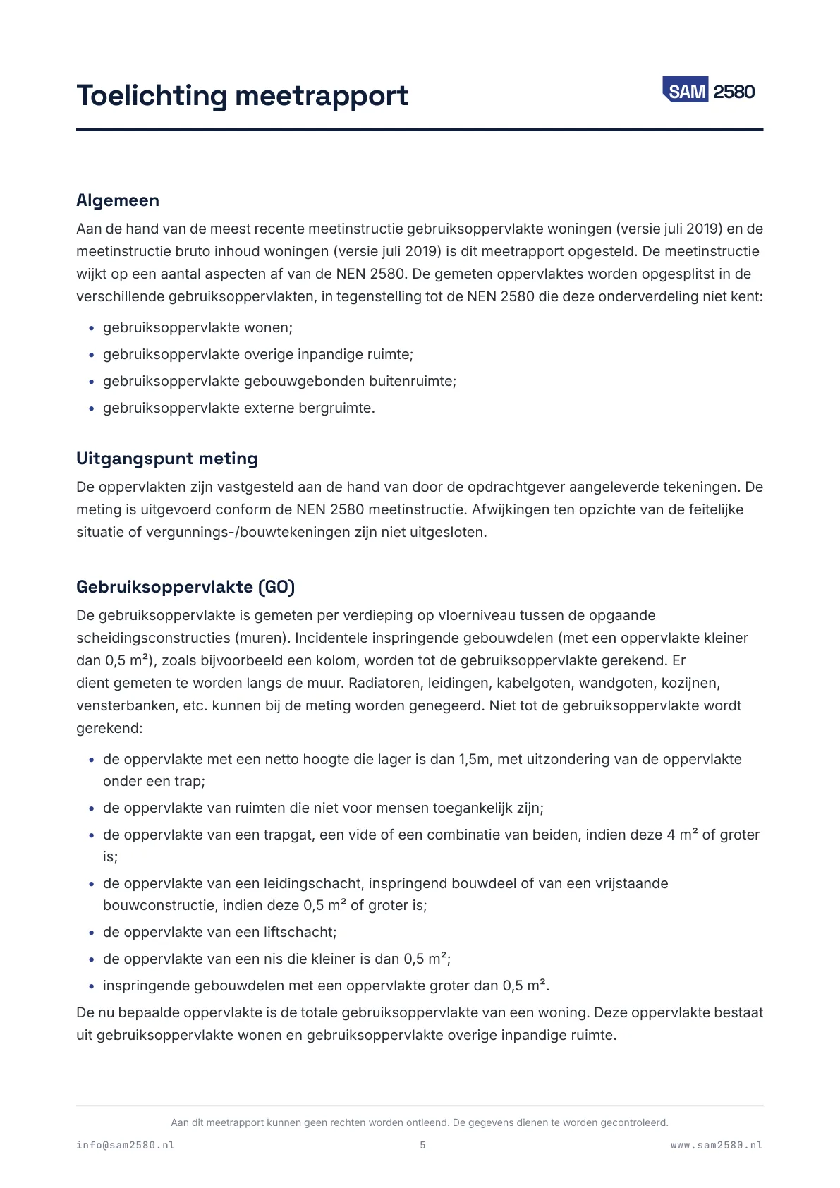 Eerste pagina van de toelichting in een NEN 2580 meetrapport: de gehanteerde meetinstructie, het uitgangspunt van de meting en de regels voor de gebruiksoppervlakte