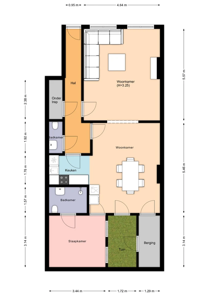 Opgeleverde 2D plattegrond van een benedenwoning in de huisstijlkleuren van de klant, met ruimtebenamingen en maatvoering